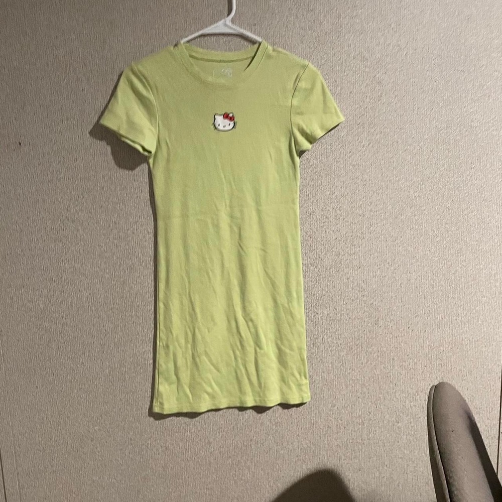 Hello Kitty Sanrio Lime Green Ribbed Mini Dress Short Sleeve Embroidered Medium